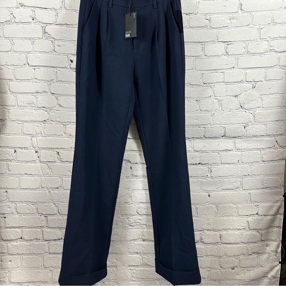 Paige Aracelli Pleated Wide Leg Pants Trousers High Rise Cuffed Hem Navy 2 NWT - Picture 2 of 9